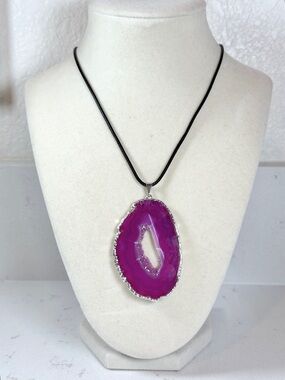 Hot Pink Agate Geode Slice Pendant Necklace Edged with Silver